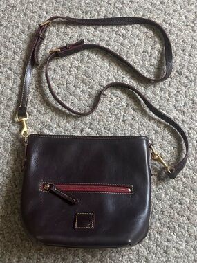 Dooney and Bourke Brown Leather Crossbody Bag in Dark Brown with Red Accent
